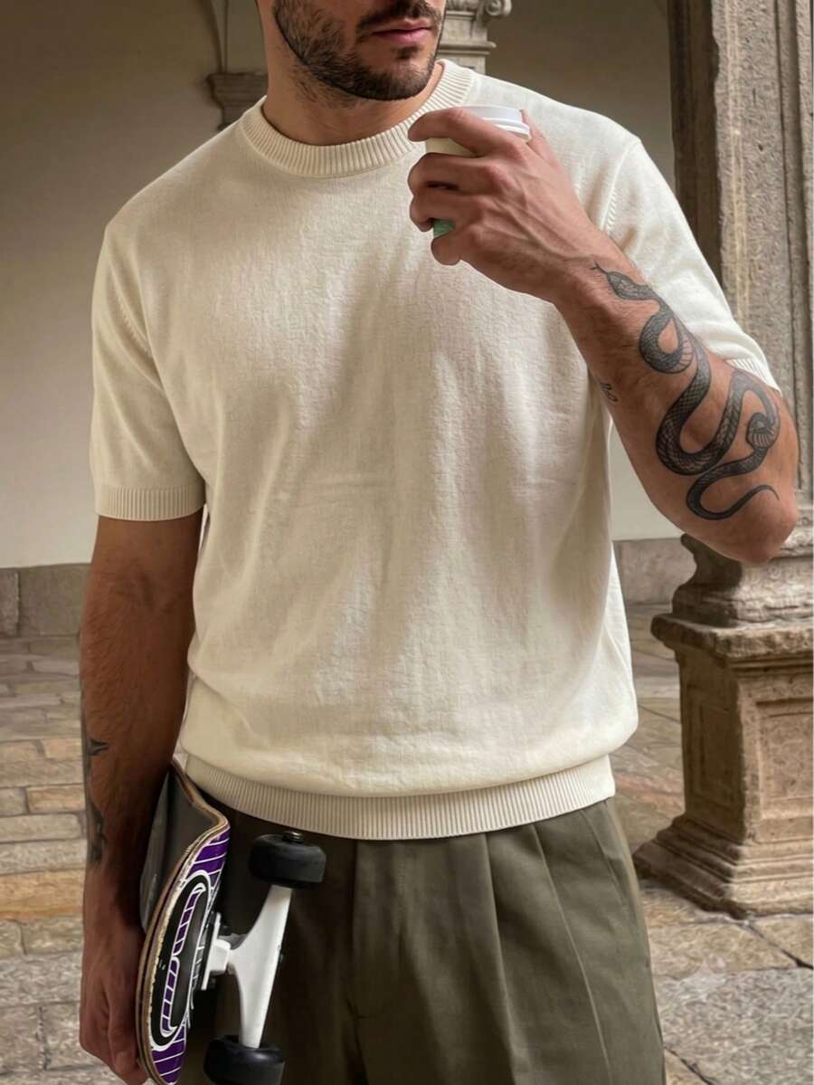 Men's Unisex Round Neck Knit T-Shirt, Casual Versatile Commuter Minimalist Solid Color Round Neck Short Sleeve Loose Pullover Knit Top, Spring/Summer Back To School - Beige - View 1
