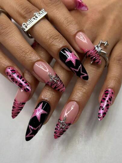 30pcs Of Bold 3D Glitter Nail Tips Featuring Leopard, Zebra, And Star Patterns In A Long Almond Shape. Perfect For Girls And Women Looking To Rock Nail Art At Music Festivals, Nightclubs, Parties, Or When Heading Out On The Town.