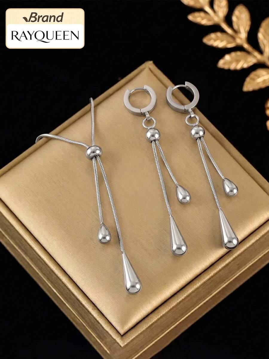 RAYQUEEN Stainless Steel Oval Large Water Drop Pendant Pull-Chain Necklace + Earrings Set, Personalized Jewelry Set - Silver - View 1