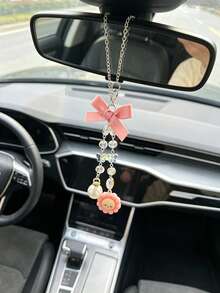 Cute Sunflower Car Rearview Mirror Hanging Ornament, Pink Bow Crystal Chain Car Decor, Adorable Car Decoration Gift - Sun Pearl Bow - View 3
