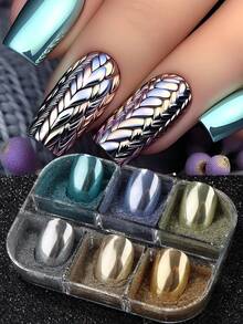 FULL BEAUTY 6-Fach Metallisches Nagelpulver mit Pinsel, Blau-Grün, Grün, Gold, Champagner Spiegel Nagelpigment, Metallischer Effekt Holografischer Glitzer Nagelbedarf, Geeignet für minimalistische und Vintage Nagelkunst, Halloween/Hochzeit/Feiertags Nageldekoration - Verschiedenfarbig - Übersicht 3