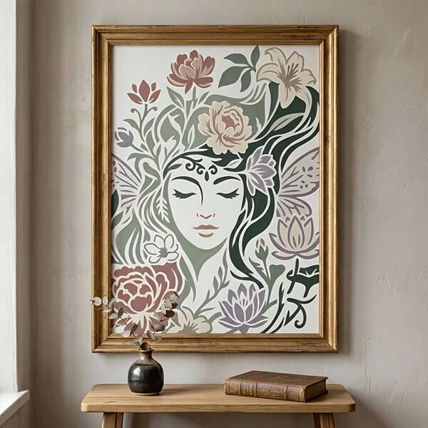 1pc A4 Size Reusable Template With Flower Fairy Pattern, Including Female Face, Butterfly Wings And Plant Goddess Portrait, Suitable For Wooden Furniture, Canvas Wall Art, Fabric Crafts, Scrapbooking, Greeting Card Making And Journal Decoration