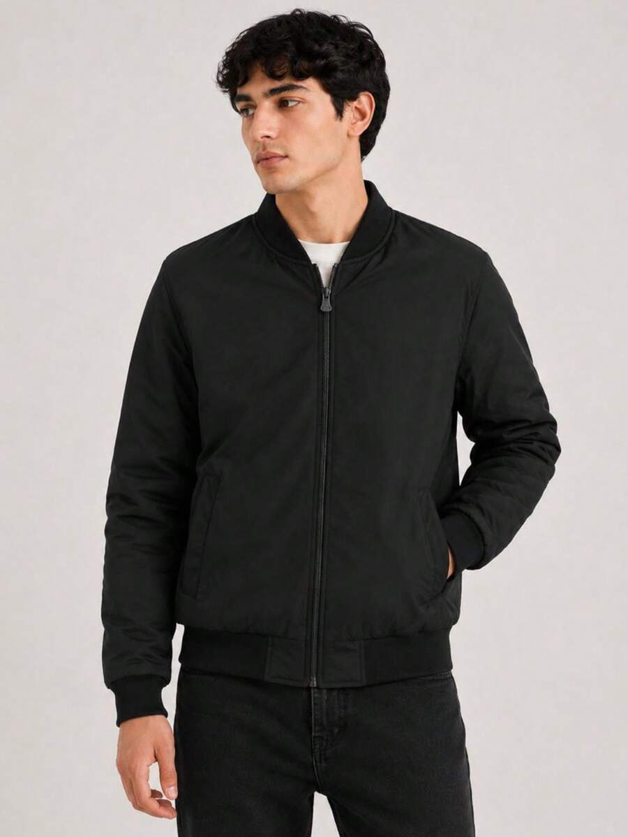 Men's Reversible Double-Faced Twill Jacket With Nylon Side - Casual Winter Style - Black - View 1