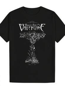 Men's Vintage Casual T-Shirt With Skull And Lettering Design - "Bullet For My Valentine" Design, Black Crew Neck, Summer Style, Regular Fit, Skull Pattern T-Shirt. - Black - View 1