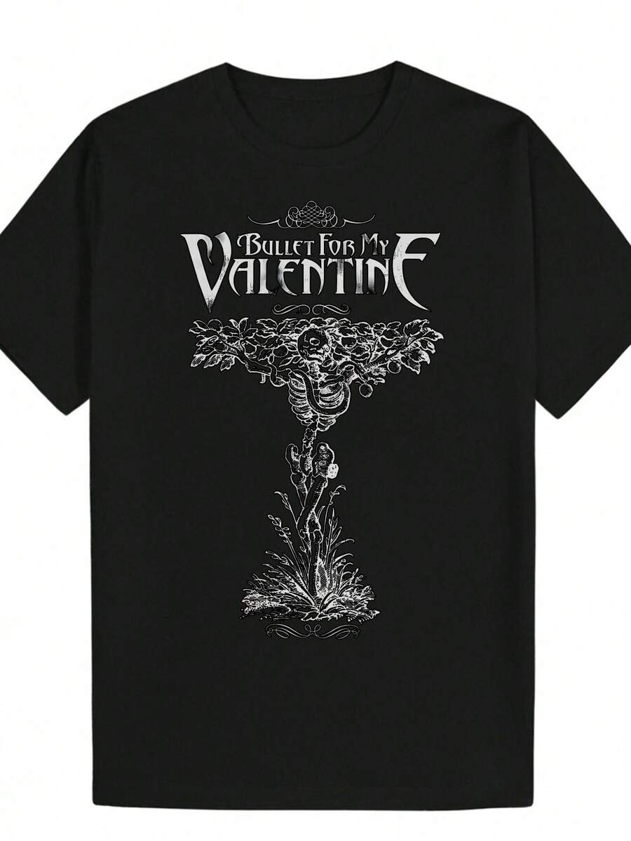 Men's Vintage Casual T-Shirt With Skull And Lettering Design - "Bullet For My Valentine" Design, Black Crew Neck, Summer Style, Regular Fit, Skull Pattern T-Shirt. - Black - View 1