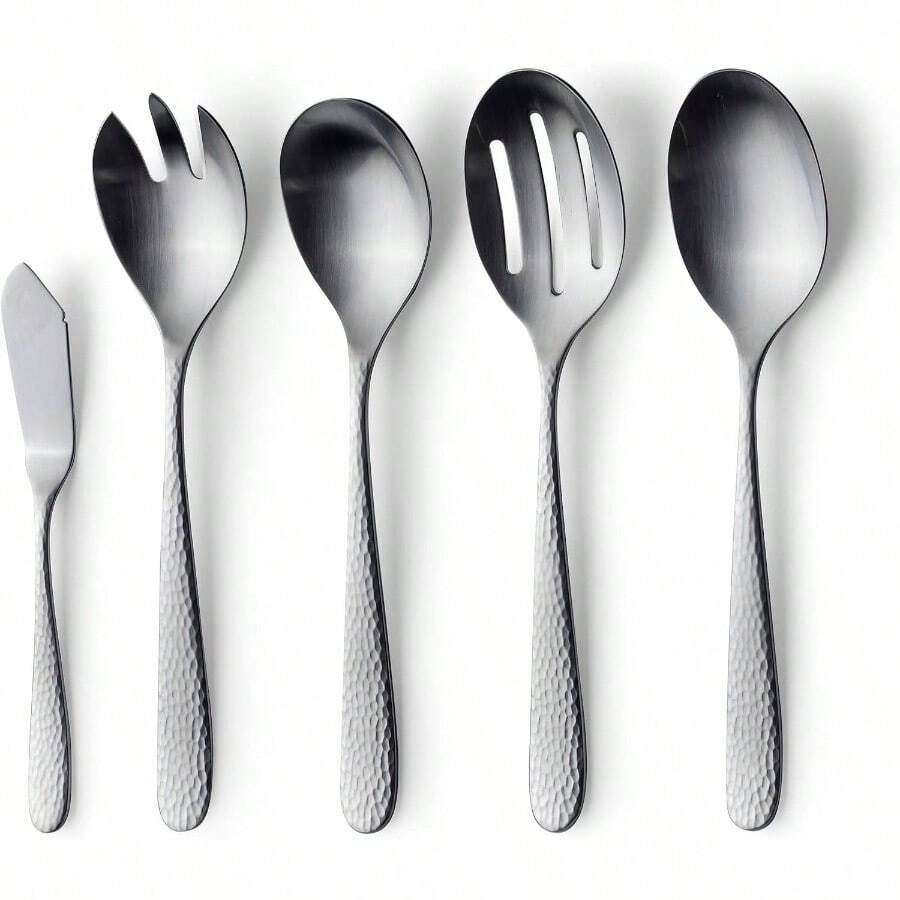 - Juego de 10 piezas para servir, 18 10, juego de azafata de acero inoxidable, cuchara para servir, cuchara para servir ensalada/tenedor, cuchillo para mantequilla, juego Fidenza martillado, - 10-Piece Matte Serving Set + Martillado mate - Ver 1