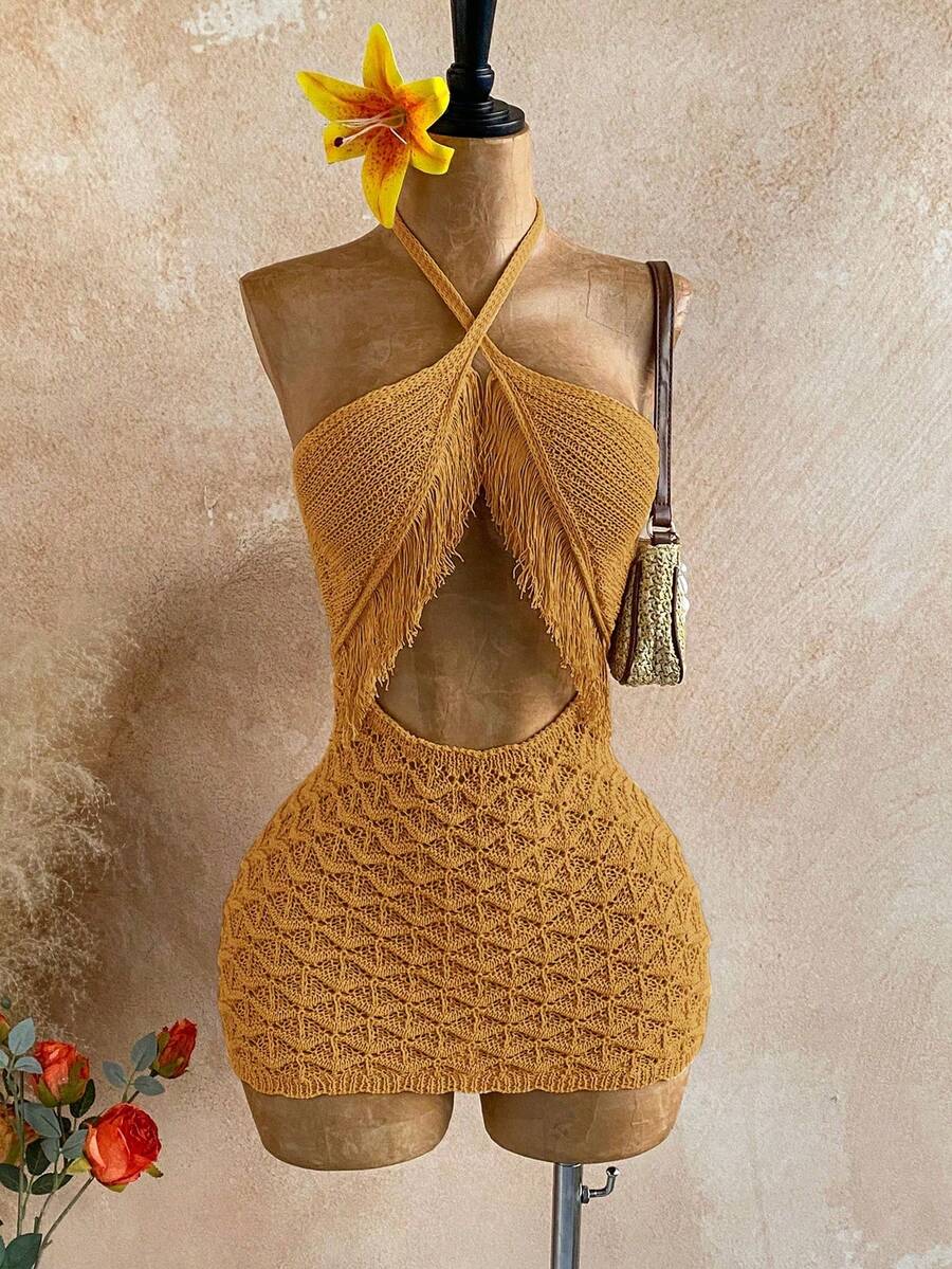 Vestido de punto mini con decoración de flecos y escote halter sin espalda para mujer - Naranja 2 - Ver 1