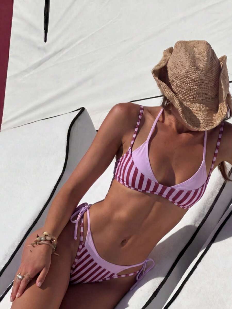 春夏女款性感優雅撞色條紋波西米亞風繫帶露背比基尼,海灘優雅休閒度假穿搭海灘派對兩件式泳衣 - 彩色 - 查看 1