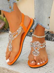 Fashion Plus Size Glamorous Rhinestone Embellished Elastic Back Strap Round Toe Low Heel Women's Flat Sandals T-Strap Toe Sandals Comfortable Soft Sole Women's Sandals Orange Sandals Fashion Sexy Bohemian Vacation Style Summer Sandals Pair With Skirts Elegant Women's Shoes Suitable For Daily Wear Vacation Travel Leisure Gathering Beach Sandals Women's Shoes Pattern Texture Random - Orange - View 5