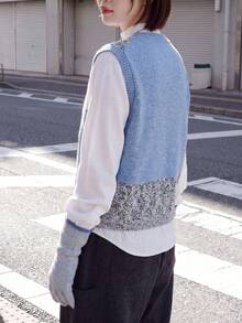 Alicedudu Women's Autumn Japanese Style Colorblock V-Neck Pullover Sweater Vest, Wool Blend Fall - Blue - View 3