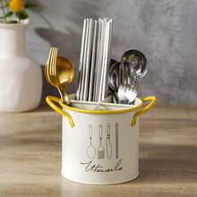 1pc Floral Print Enamel Utensil Holder, Divided Kitchen Cutlery Storage Bucket With Handle, Countertop Organizer For Chopsticks, Spoons & Forks, Vintage Farmhouse Style Kitchen Decor - Multicolor - View 12