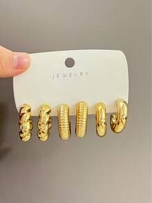 8 Pairs Fashionable Heart Geometric Multi- Gold Metallic Earring Set, Women's Fashion Earring Set, For Daily Wear - Yellow Gold - View 7