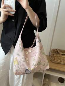 女款休閒大容量新中式刺繡包 2026新款通勤單肩包 隨性托特水桶包 - 粉色 - 查看 5