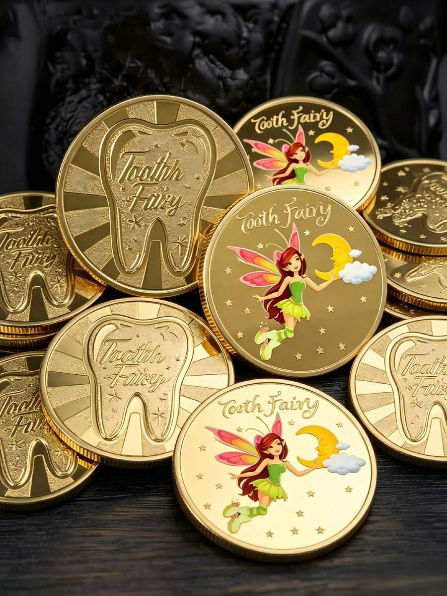 1pc Tooth Fairy Theme 3D Embossed Gold Plated Commemorative Coin, Suitable For Tooth Loss, Birthday, Holiday Gift, Perfect For Christmas Party, Room Decor, Home Decor, Christmas Small Gift, Classroom