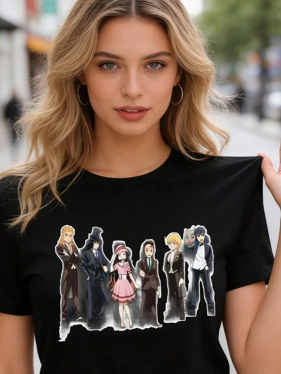 Fashionable Women's T-Shirt With Double-Sided Anime Letter Print - Short Sleeve T-Shirt, Round Neck, Comfortable And Casual, 100% Cotton. - 黑色 - 查看 1
