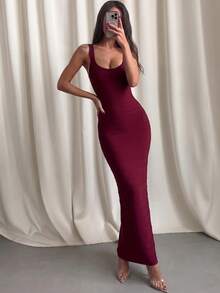 Women's Fashion Summer Sexy Elegant Backless Spaghetti Strap Red Long Ribbed Bodycon Bandage Dress, Evening Party Cocktail Nightclub Dress - Burgundy - View 8