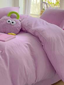 Blue And White Color Block Washed Polyester Skin-Friendly Duvet Cover 3 Pieces Set - Mauve Purple - View 4
