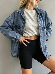 Classic Women's Denim Jacket Suitable For All Seasons. 100% Pure Cotton Vintage Washed Jacket. Loose Fit, Versatile And Casual Top - Dark Denim Blue - View 6