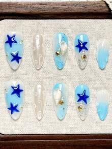 10片短杏仁形手工穿戴甲，可愛海洋風假指甲，藍白漸層漸變，3D藍色海星、貝殼、氣泡珍珠與金色貝殼裝飾，亮面人造指甲貼片，適合女性女孩派對與日常配戴 - 彩色 - 查看 2