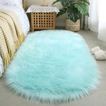 1pc Faux Wool Carpet Rug, Thick Fluffy Long Rug, Suitable For Bedroom, Living Room, Bedside, Sofa Matching, Washable, Daily Home Decor - Light Blue - Oval - View 2
