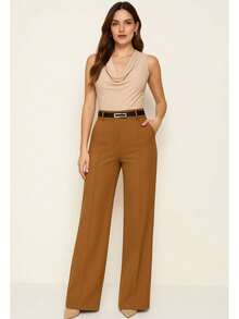 Calça Pantalona Feminina Alfaiataria Premium Com Cinto Moda Elegante Escritorio - Caramelo - Visão 4