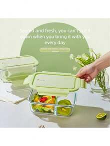 1pc Green Lid Glass Food Storage Container, Divided Meal Prep Box 410/680/1040ml Large Capacity Bento Box, Refrigerator Snack Storage Box, Microwave Kitchen Accessory, Suitable For Dishwasher Detergent Storage, Back To School And Picnic Essential - Green - View 3