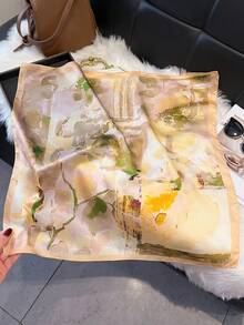 1件優雅花卉印花70cm正方形女用方巾，適合休閒與街頭時尚出遊，正方形圍巾、髮帶、頭帶、外套戶外防曬裝飾頭巾，完美打造您的造型 - 杏色 - 查看 2