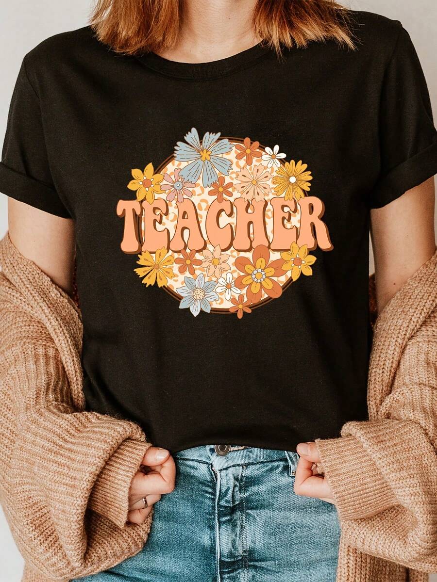 Camiseta de cuello redondo con estampado de profesor, top casual de manga corta para verano y primavera, ropa de mujer - Negro - Ver 1
