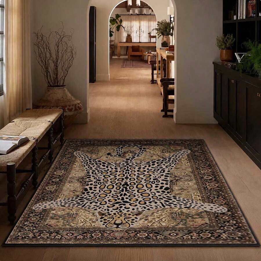 Black Leopard Runner Rug Washable Cheetah Print Area Rugs For Hallway Porch Balcone Non-Slip Animal Skin Carpet ,Modern Abstract Art Carpet 84*60inch/31*20inch,Perfect For Room Or Dorm Essentials,The Best Choice For Leopard Print Room Deocr - 背面 T# - 查看 1