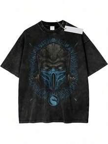 ilo Retro Americano INS, Única y de Corte Holgado, Camiseta con Diseño de Guerrero Enmascarado con Llamas Azules y Símbolo de Dragón, Camisetas Gráficas para Hombre, Camisetas con Estampados - Negro - Ver 1
