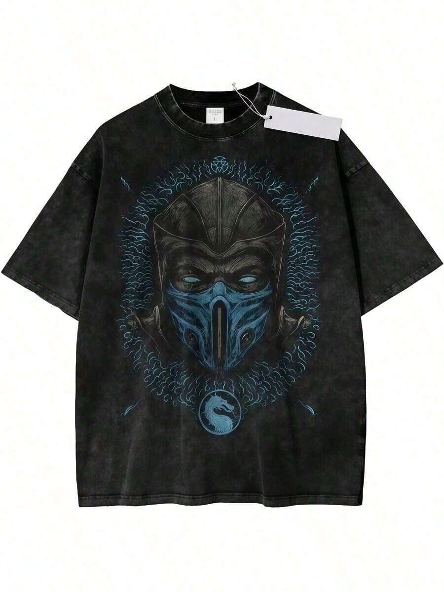 ilo Retro Americano INS, Única y de Corte Holgado, Camiseta con Diseño de Guerrero Enmascarado con Llamas Azules y Símbolo de Dragón, Camisetas Gráficas para Hombre, Camisetas con Estampados - Negro - Ver 1
