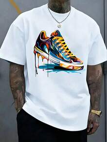 Men's Loose Fit Colorful Sneaker Print Short Sleeve T-Shirt, Plus Size Casual Top | Exquisite Design | Summer Essential | Easy To Match, Show Your Style - White - View 6