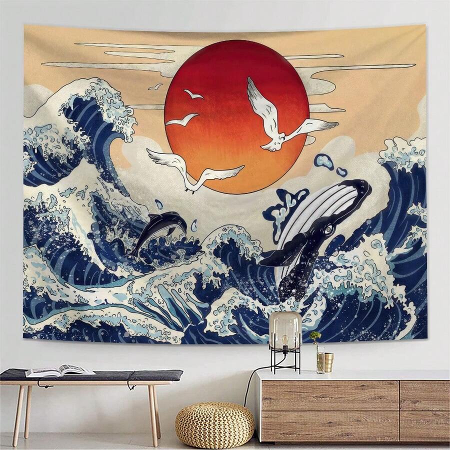 1pc Seagull Wave Sun Bohemian Style Printed Tapestry, Includes 3 Wall Nails And 2 Clips, Printed Rectangular Bedroom Wall Decor Hanging Cloth With Drape - Multicolor - View 1
