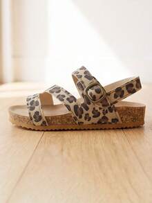 Best-Selling 3-12 Years Girls Leopard Print Sandals, Brown & Beige Leopard Pattern, Metal Buckle, Fashionable Vintage Style - Brown - View 2