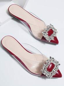 Square Buckle Rhinestone Closed Toe Slippers Women's Outdoor Wear Summer 2026 New French Style Slouchy Mule Sandals - Red - View 1