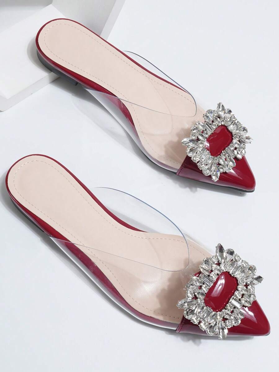 Square Buckle Rhinestone Closed Toe Slippers Women's Outdoor Wear Summer 2026 New French Style Slouchy Mule Sandals - Red - View 1