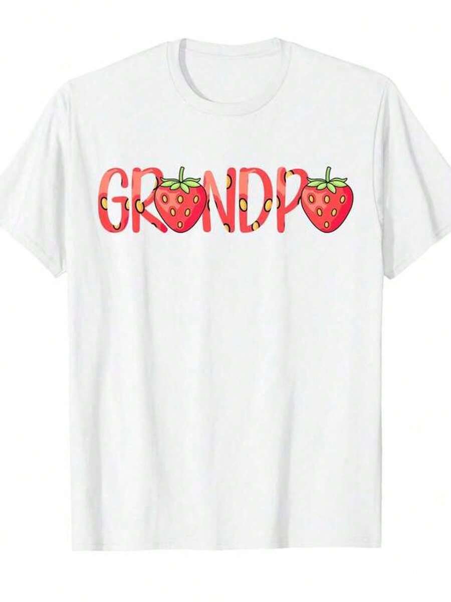 Divertida Grandpa Strawberry Diseño Gráfico Camiseta - 100% Fit Slightly Elastic Unisex Casual Tee With Red Lettering & Smiling Strawberries - Father'S Day Gift For Men & Women,...