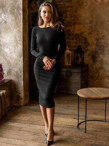 Women's Summer Fashion Deep V-Neck Backless Pearl Long Sleeve Fitted Midi Dress, Black Embellished Sexy Nightclub Birthday Evening Cocktail Dress - Black - View 6