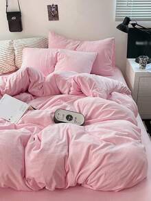 Blue And White Color Block Washed Polyester Skin-Friendly 3 PiecesDuvet Cover Set - Baby Pink - View 7