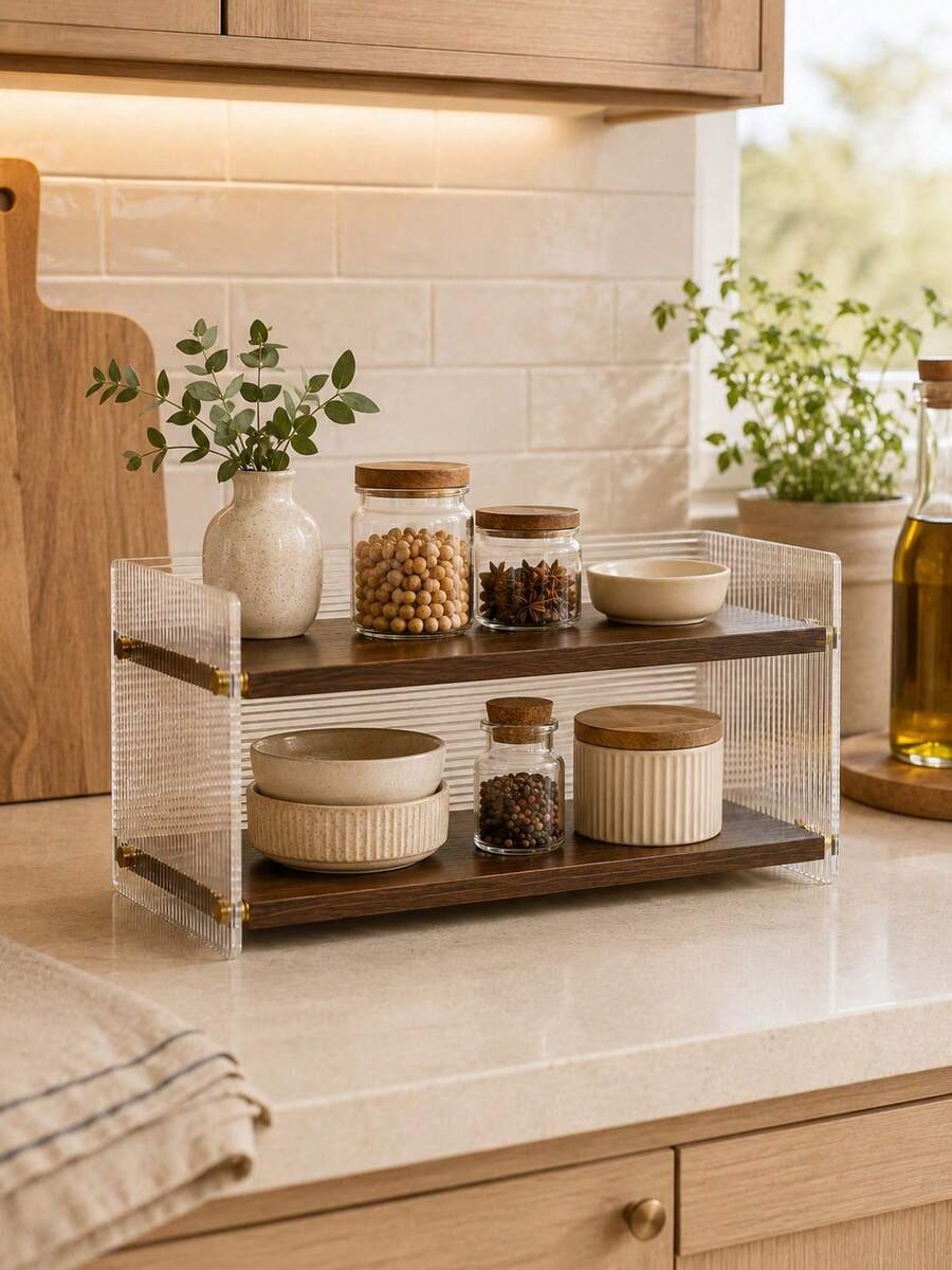1pc Double-Layer Expandable Desktop Storage Rack, Wavy Transparent Acrylic & Wooden Organizer, Minimalist Rectangular Open Shelf With Gold Accessories, Multi-Functional Tabletop Storage Rack For Cosmetics, Kitchen, Bathroom, Coffee Corner, Desk - Brown - View 1