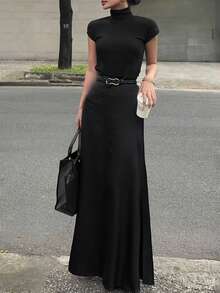 Long Satin Midi, A-Line Straight Cut With Zipper, Elegant Casual Style For Autumn, Suitable For Daily Wear, Office & Party Black - Black - View 3