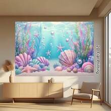 1pc 2D Polyester Underwater World Backdrop, Shell And Starfish Decoration, Suitable For Indoor And Outdoor Ocean Theme Party, Summer Gathering, Photo Booth, Wall Decor, Home Decor, Event Backdrop, Multiple Sizes Available - Multicolor - View 4