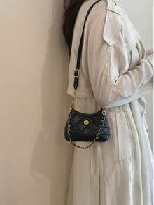 French Vintage Quilted Small Bag Women's Camellia Decor Chain Bag Versatile Commute Underarm Crossbody Bag - Black - View 1