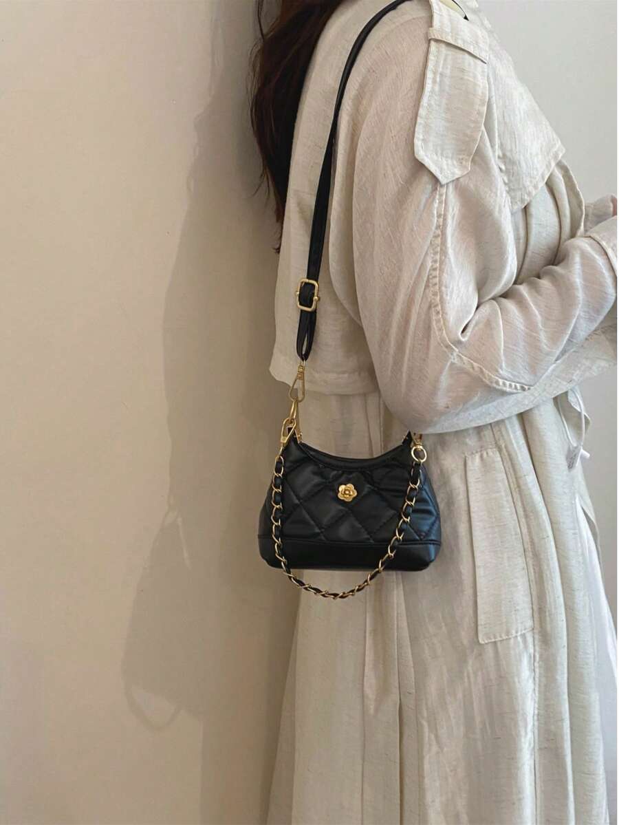 French Vintage Quilted Small Bag Women's Camellia Decor Chain Bag Versatile Commute Underarm Crossbody Bag - Black - View 1
