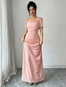 Nuevo 2026 Vestido elegante y romántico para mujer con cuello cuadrado y cintura ceñida, de manga corta - Rosa coral - Ver 1