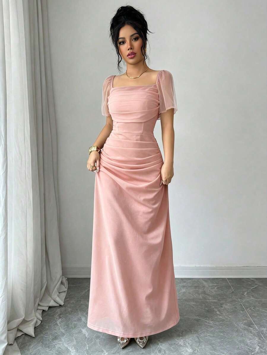Nuevo 2026 Vestido elegante y romántico para mujer con cuello cuadrado y cintura ceñida, de manga corta - Rosa coral - Ver 1