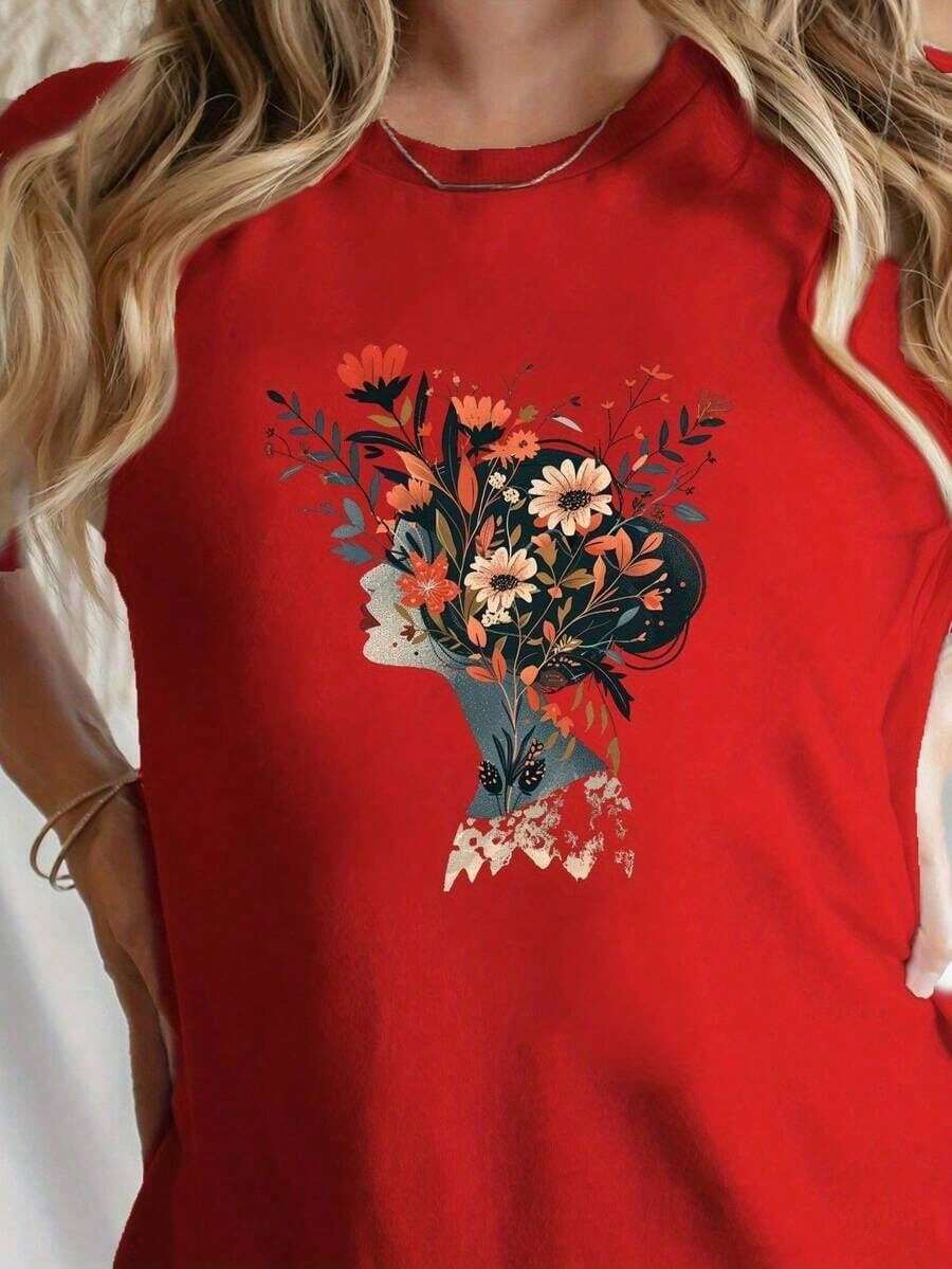 y2k  Camiseta de moda para mujer de talla grande, camiseta con estampado de personajes y flores, camiseta casual de manga corta y cuell - Rojo - Ver 1