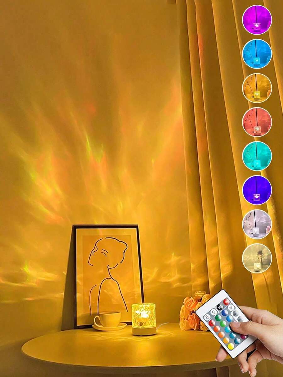 1pc 16 Color RGB Remote Control Dynamic Water Wave Projection Light, USB 5V Plug-In Projector Lamp, Bedside Lamp, Sleep Aid Night Light, Suitable For Kids Room, Game Room, Living Room, Bedroom Decor, Party, Birthday, Holiday Decoration, Gift