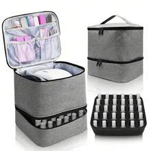 Bolsa de almacenamiento de esmalte de uñas, bolsa de aceite esencial, Kit cosmético portátil para el cuidado de las uñas, caja de almacenamiento de herramientas para el cuidado de uñas, doble capa, 30 compartimentos - Gris - Ver 1