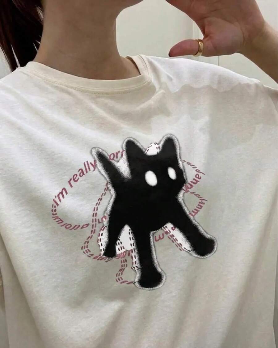 Black Cartoon Cat Tee |   Cute Cat Illustration, Minimal Aesthetic - White - View 1